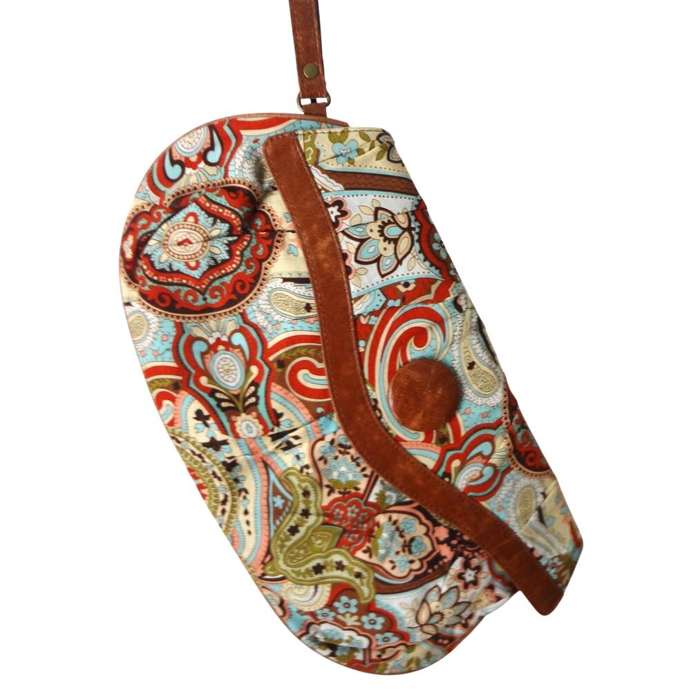 Vintage 90s Y2K Large Clutch Bag Paisley Flapover Leather Detail Wristlet Boho